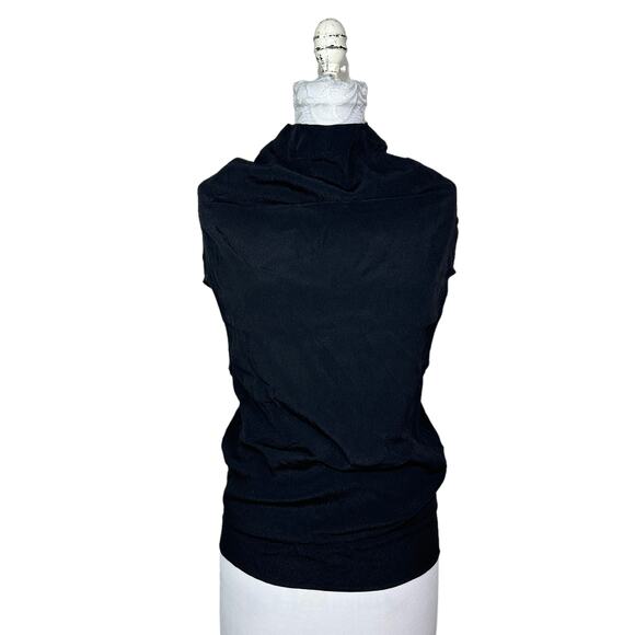 Bless'ed Are The Meek Cap Sleeve Pleated Back High Neck Blouse Black Women 2 NWT - Picture 1 of 10